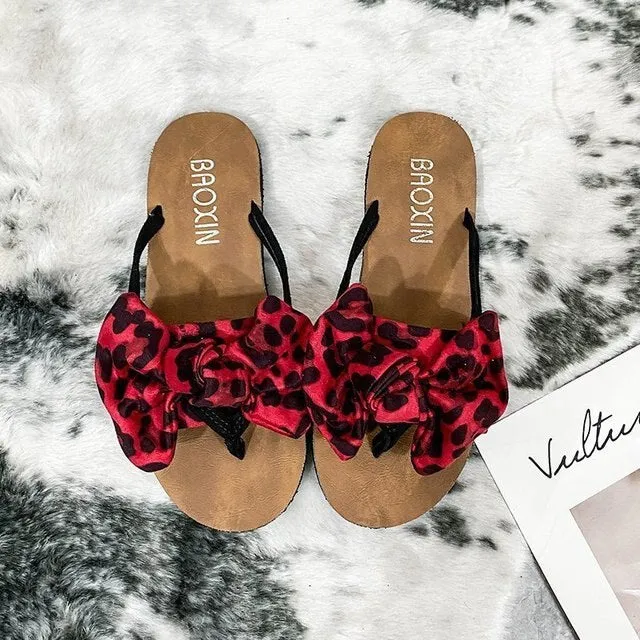 2025 Hot Sale Ladies Open Toe Slippers with Bow Tie and Leopard Print – Plus Size Flat Outdoor Daily Sandals for Women