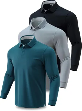 3 Pack: Dry Fit Long Sleeve Polo Shirts for Men, Athletic Collared Golf T-Shirts Performance Tops