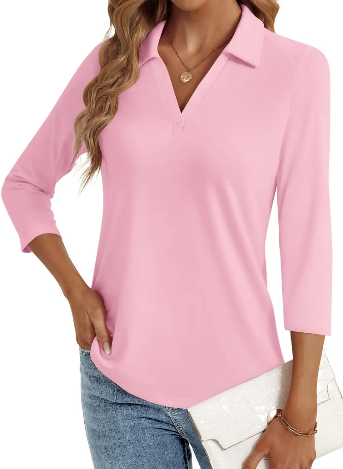 3/4 Length Sleeve Womens Tops Dressy Casual V Neck Polo Shirts Business Work Blouses 2025 Trendy Tunic Top