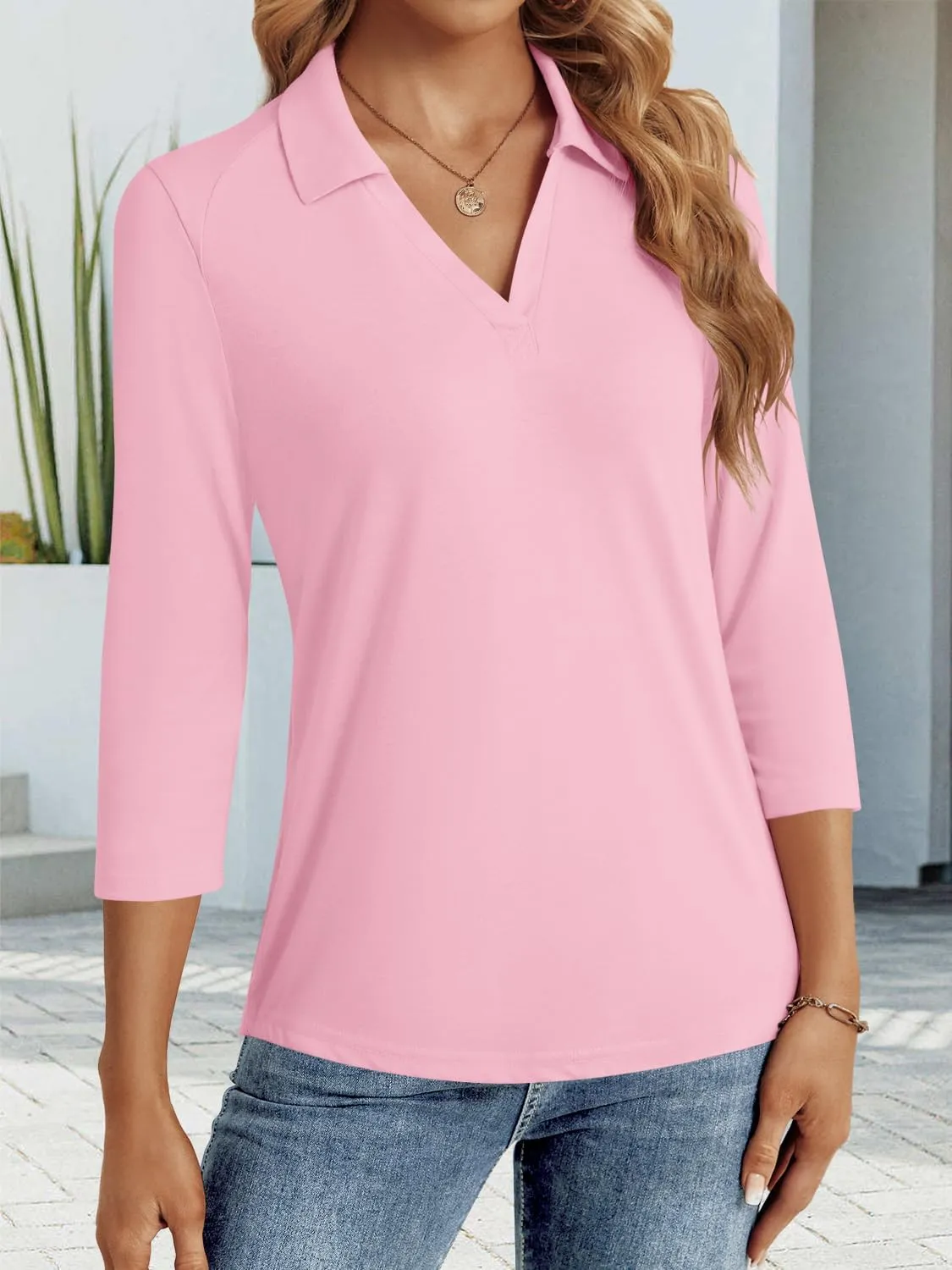 3/4 Length Sleeve Womens Tops Dressy Casual V Neck Polo Shirts Business Work Blouses 2025 Trendy Tunic Top