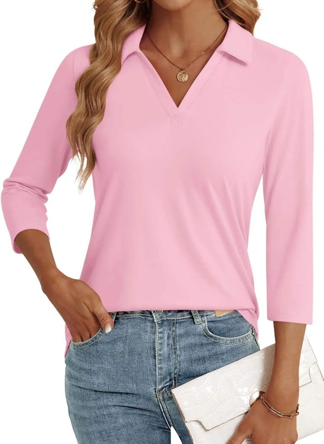 3/4 Length Sleeve Womens Tops Dressy Casual V Neck Polo Shirts Business Work Blouses 2025 Trendy Tunic Top