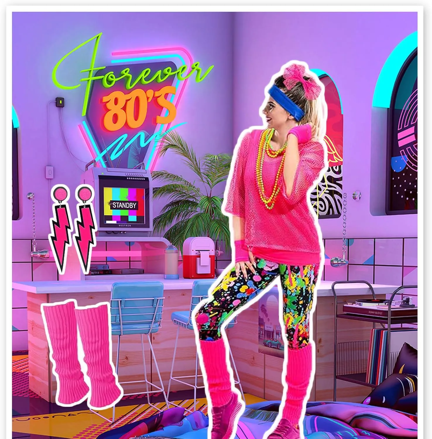 80s 90s Outfit for Women 80s Accessories Set Baseball Jersey Shirt neon Shorts Slouch Socks Headband