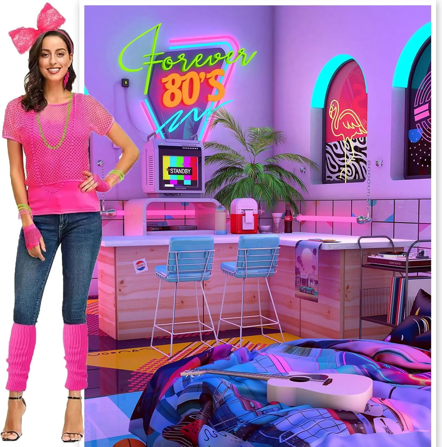 80s 90s Outfit for Women 80s Accessories Set Baseball Jersey Shirt neon Shorts Slouch Socks Headband