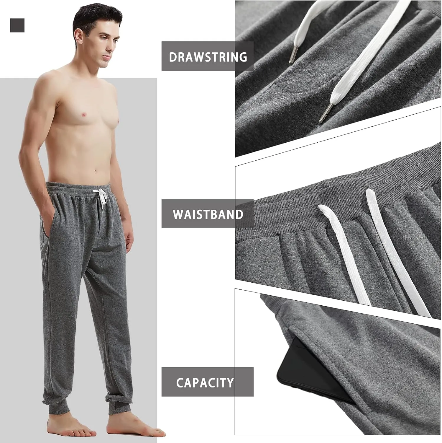 AMY COULEE Men's Casual Joggers Cotton Sweatpants Workout Athletic Pants with Pockets Drawstring Gym Running Pants