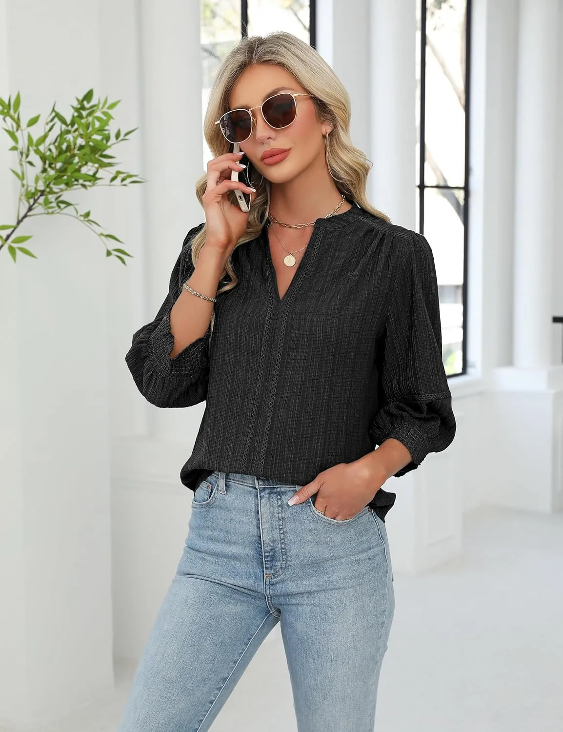 Blooming Jelly Womens Dressy Business Casual Tops Trendy 3/4 Length Sleeve Shirts Cute Summer Blouses Work Outfits