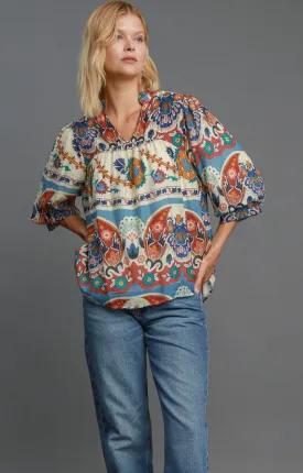 Blue Mix Split Neck Print Top