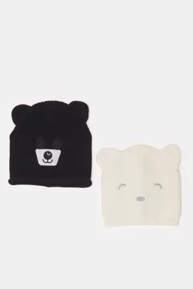 Boys Black And Cream Knitted Cap Set (2 Piece)