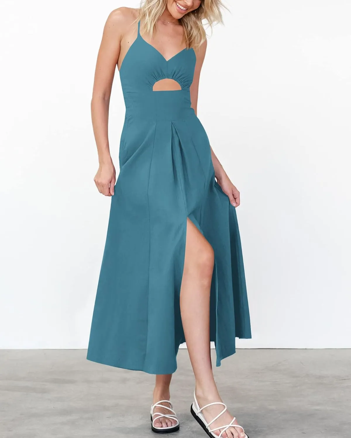 BTFBM Women 2025 Summer Spaghetti Strap Midi Dress Sleeveless V Neck Cutout Slit Casual Beach Party Maxi Dresses Pockets