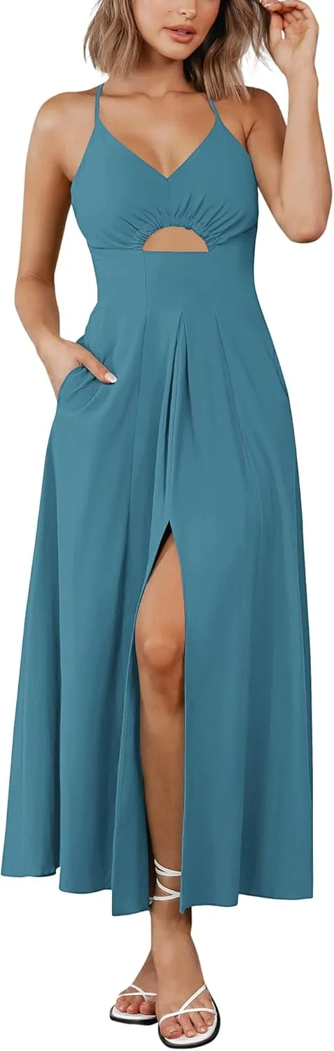 BTFBM Women 2025 Summer Spaghetti Strap Midi Dress Sleeveless V Neck Cutout Slit Casual Beach Party Maxi Dresses Pockets