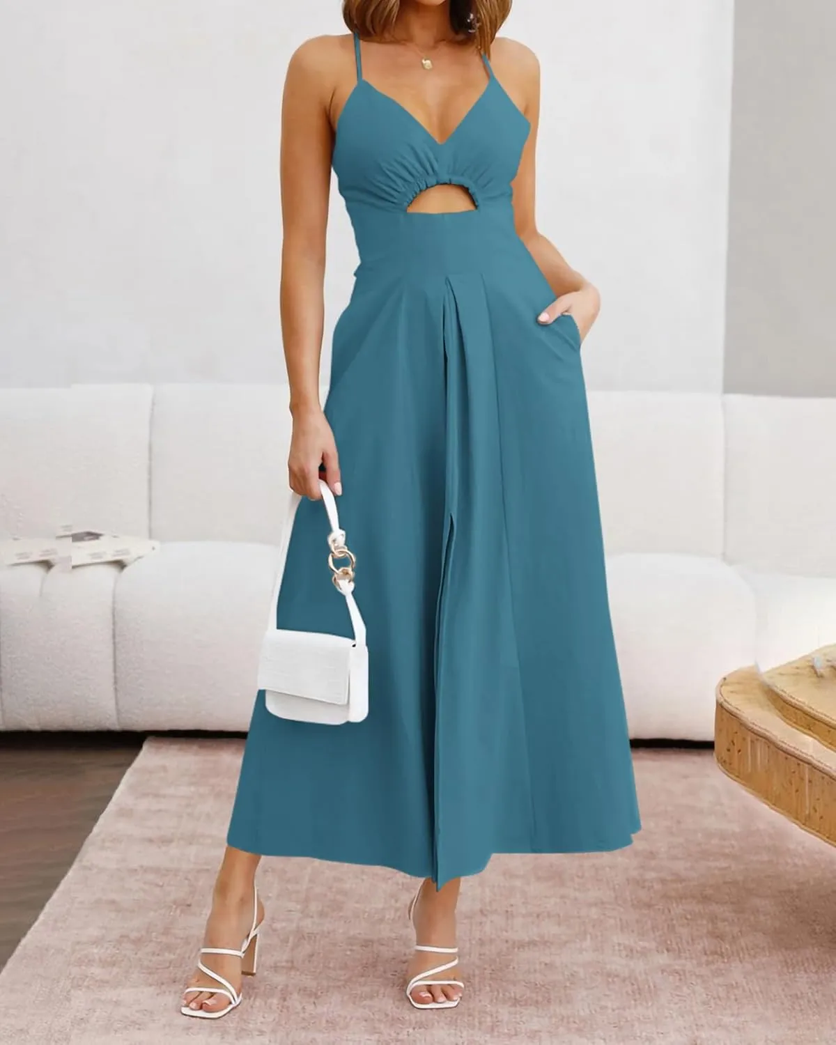 BTFBM Women 2025 Summer Spaghetti Strap Midi Dress Sleeveless V Neck Cutout Slit Casual Beach Party Maxi Dresses Pockets