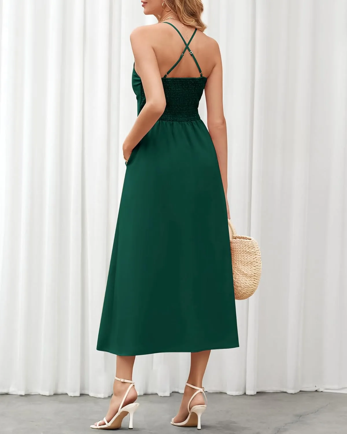 BTFBM Women 2025 Summer Spaghetti Strap Midi Dress Sleeveless V Neck Cutout Slit Casual Beach Party Maxi Dresses Pockets
