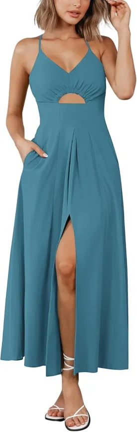 BTFBM Women 2025 Summer Spaghetti Strap Midi Dress Sleeveless V Neck Cutout Slit Casual Beach Party Maxi Dresses Pockets