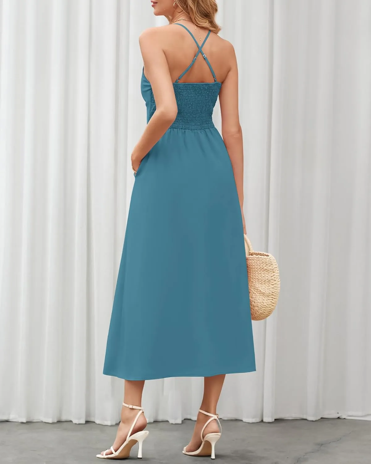 BTFBM Women 2025 Summer Spaghetti Strap Midi Dress Sleeveless V Neck Cutout Slit Casual Beach Party Maxi Dresses Pockets
