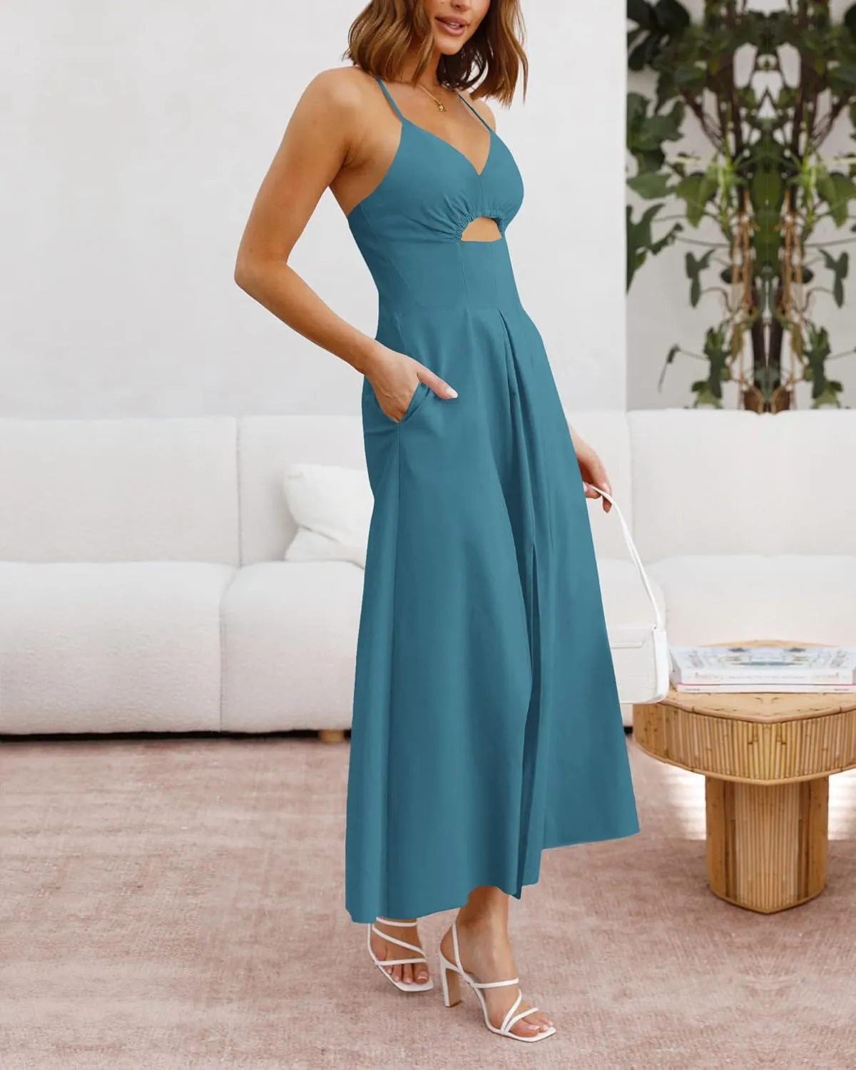 BTFBM Women 2025 Summer Spaghetti Strap Midi Dress Sleeveless V Neck Cutout Slit Casual Beach Party Maxi Dresses Pockets