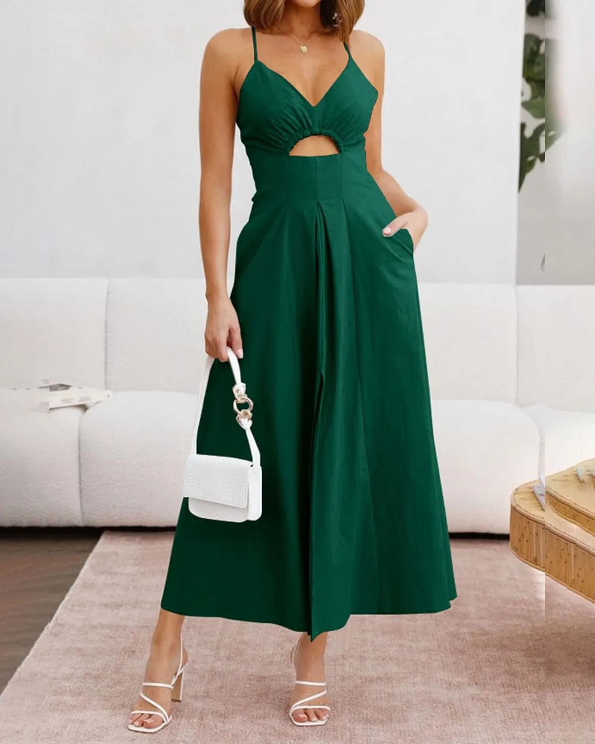 BTFBM Women 2025 Summer Spaghetti Strap Midi Dress Sleeveless V Neck Cutout Slit Casual Beach Party Maxi Dresses Pockets