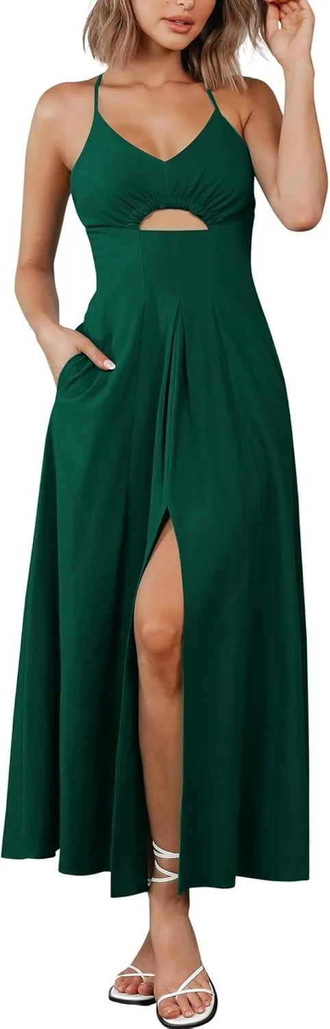 BTFBM Women 2025 Summer Spaghetti Strap Midi Dress Sleeveless V Neck Cutout Slit Casual Beach Party Maxi Dresses Pockets