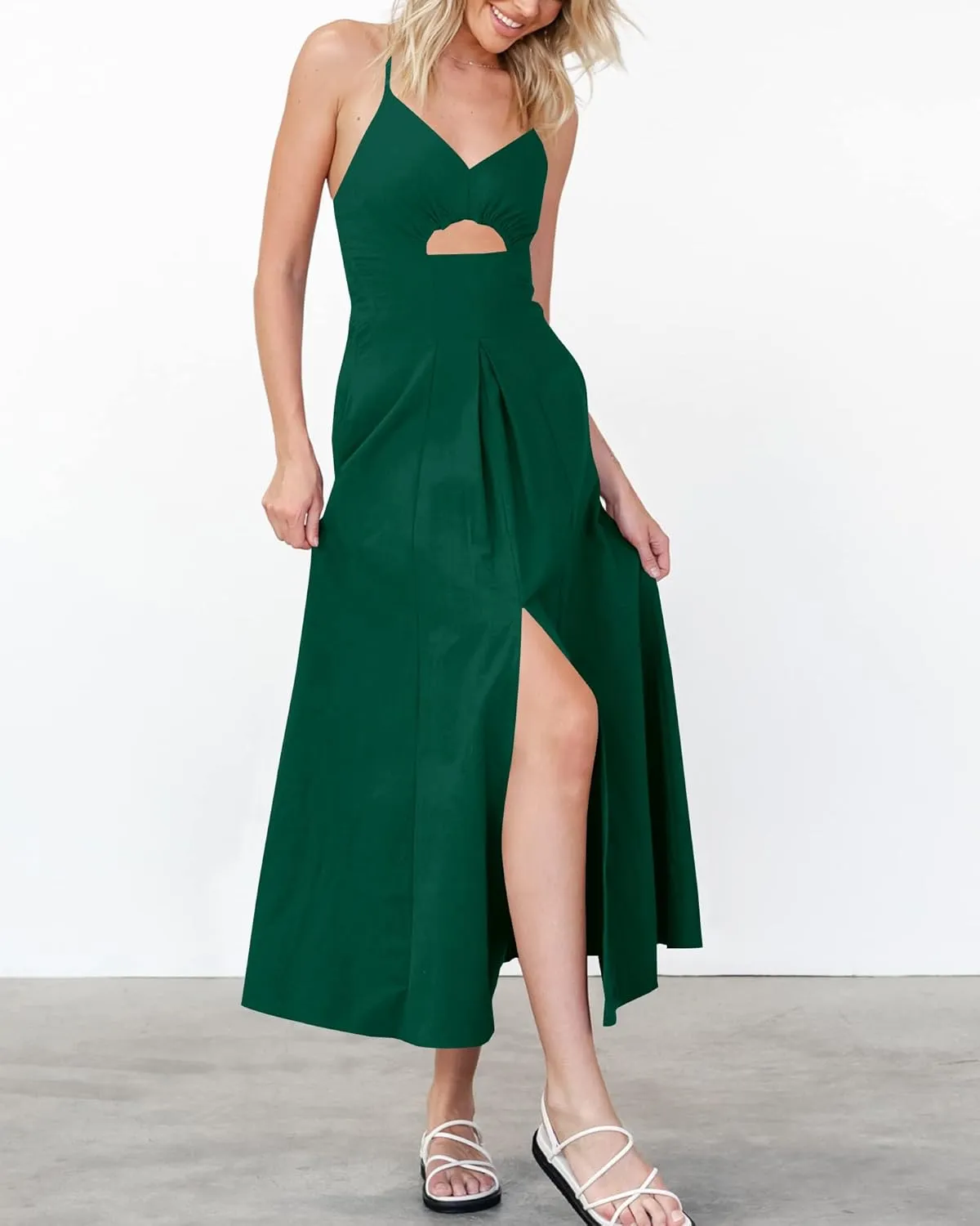 BTFBM Women 2025 Summer Spaghetti Strap Midi Dress Sleeveless V Neck Cutout Slit Casual Beach Party Maxi Dresses Pockets