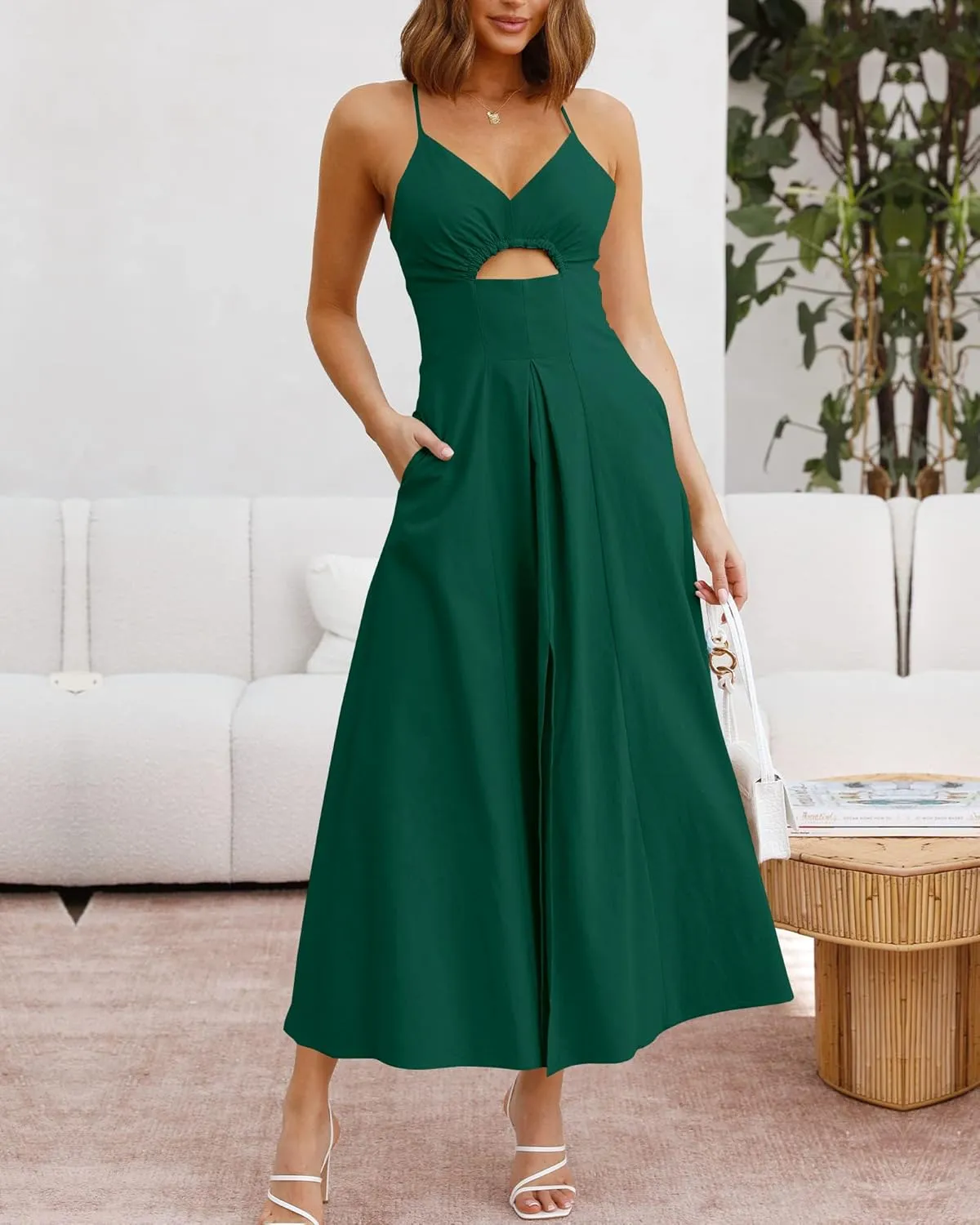 BTFBM Women 2025 Summer Spaghetti Strap Midi Dress Sleeveless V Neck Cutout Slit Casual Beach Party Maxi Dresses Pockets