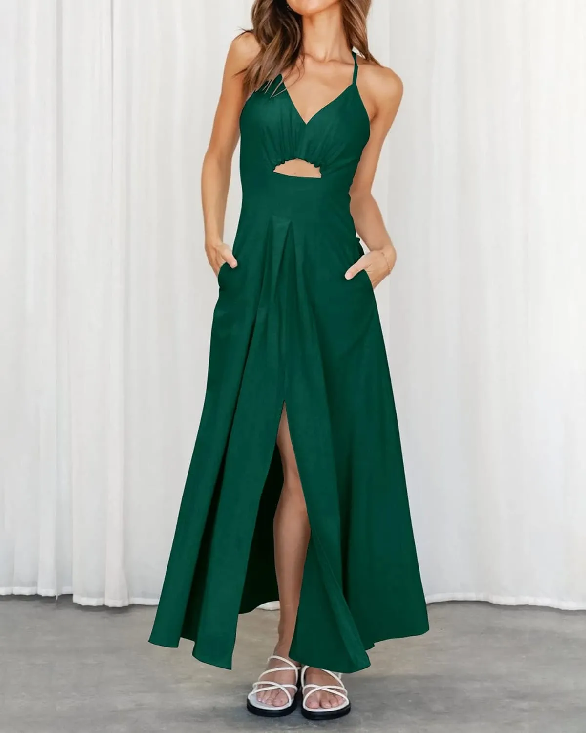 BTFBM Women 2025 Summer Spaghetti Strap Midi Dress Sleeveless V Neck Cutout Slit Casual Beach Party Maxi Dresses Pockets