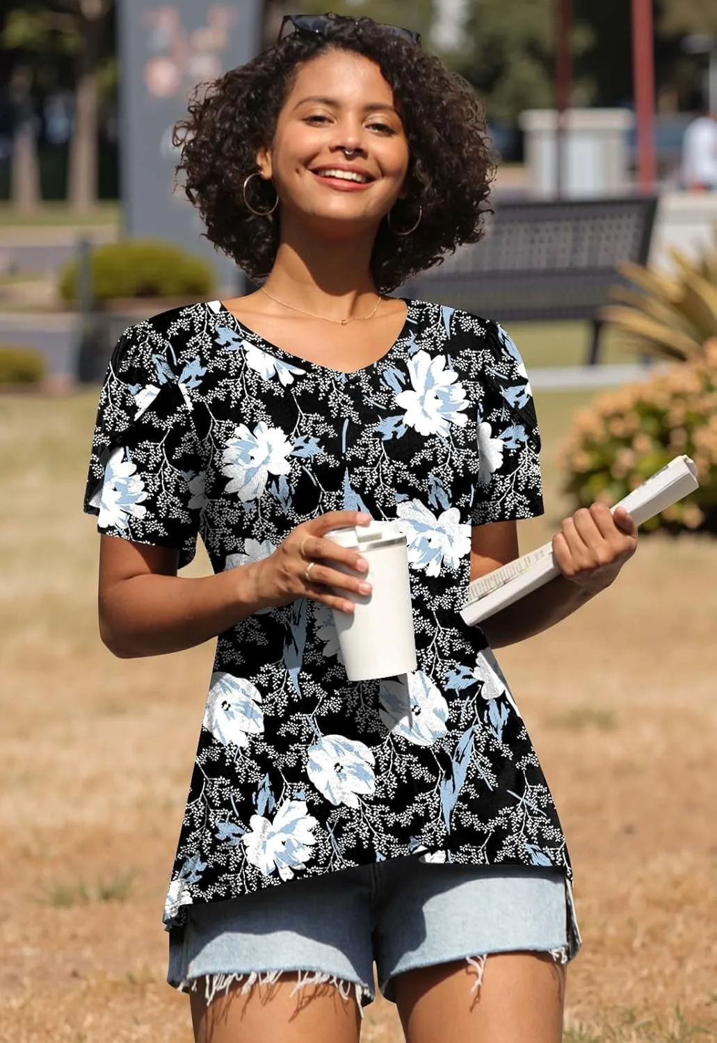 CATHY 2025 Womens Tops Summer Short Sleeve V Neck Tunic T-Shirts Blouse S-4XL