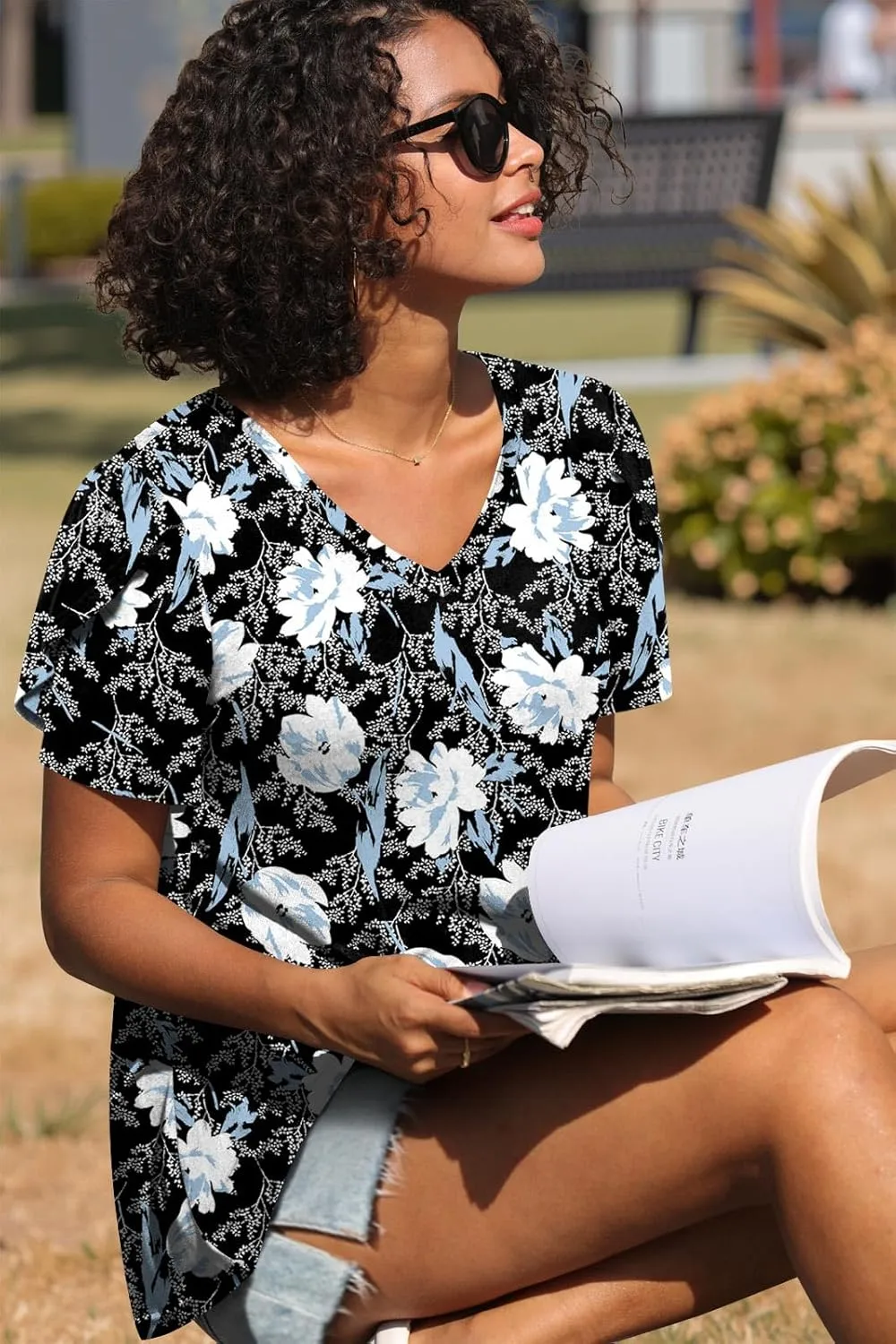 CATHY 2025 Womens Tops Summer Short Sleeve V Neck Tunic T-Shirts Blouse S-4XL