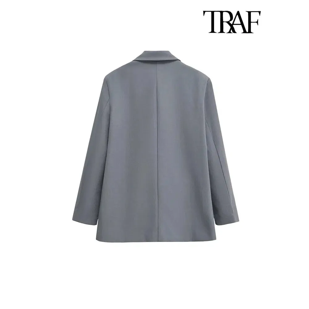 Chic Women's Double Breasted Blazer Coat - Stylish Long Sleeve Office Outerwear with Flap Pockets for Autumn/Winter Fashion