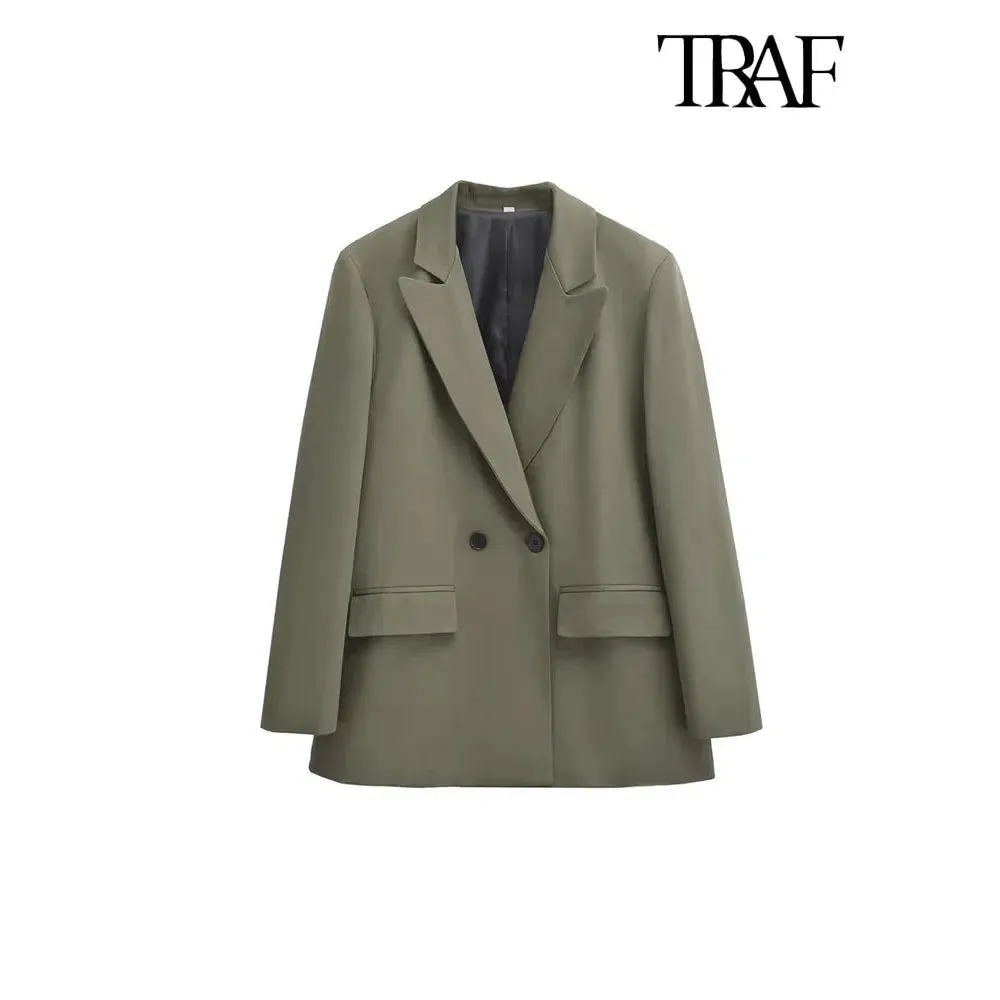 Chic Women's Double Breasted Blazer Coat - Stylish Long Sleeve Office Outerwear with Flap Pockets for Autumn/Winter Fashion