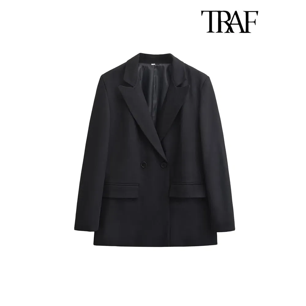 Chic Women's Double Breasted Blazer Coat - Stylish Long Sleeve Office Outerwear with Flap Pockets for Autumn/Winter Fashion
