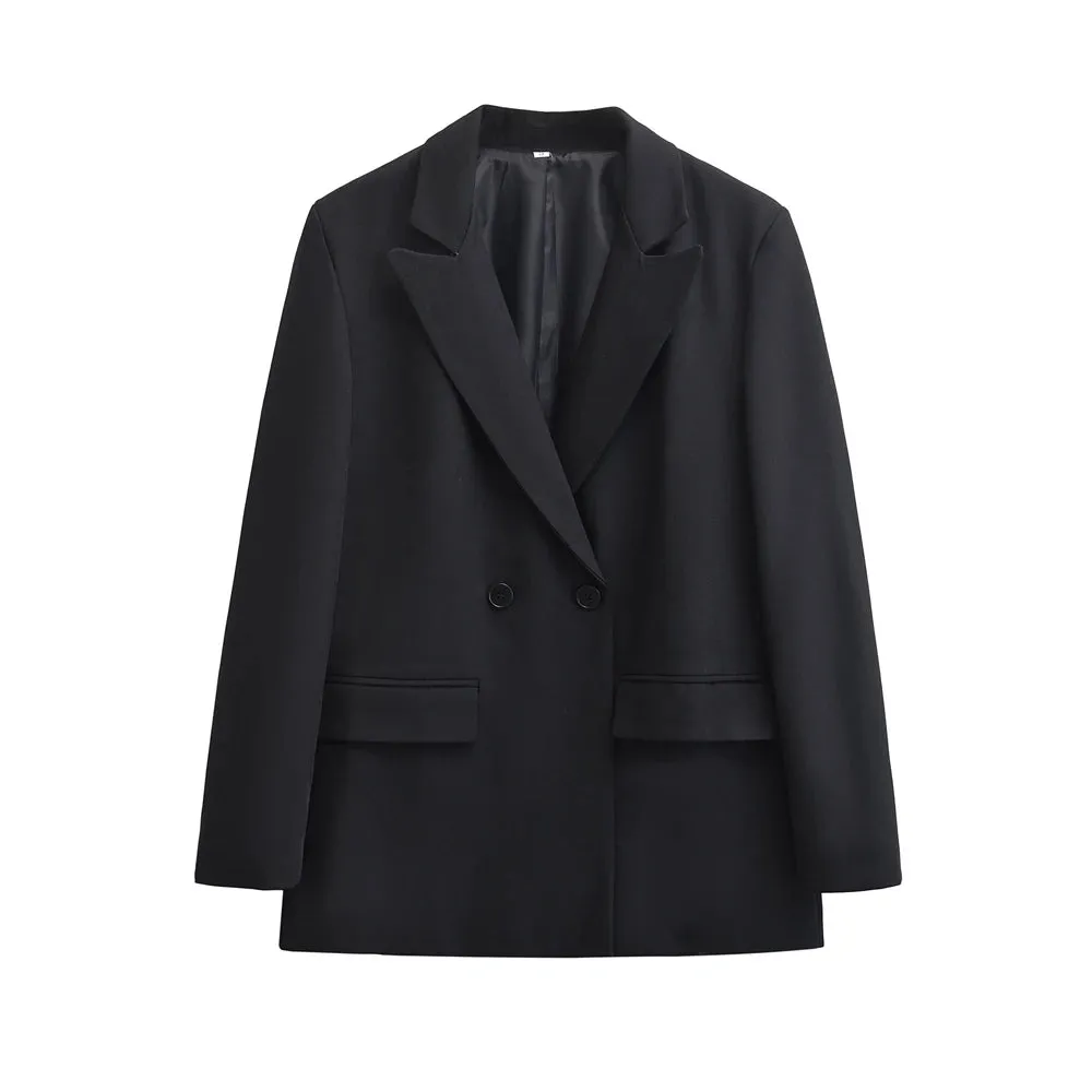 Chic Women's Double Breasted Blazer Coat - Stylish Long Sleeve Office Outerwear with Flap Pockets for Autumn/Winter Fashion
