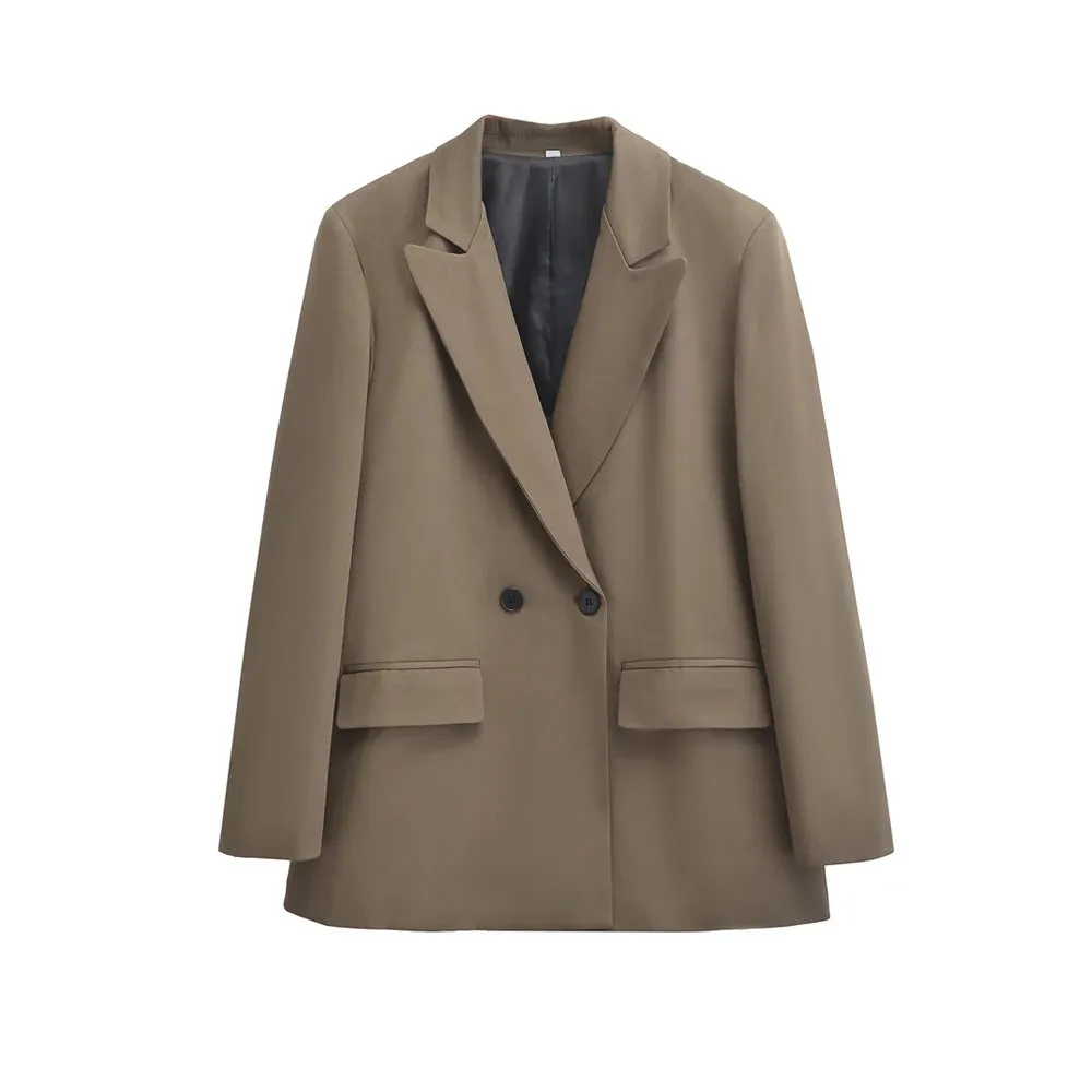 Chic Women's Double Breasted Blazer Coat - Stylish Long Sleeve Office Outerwear with Flap Pockets for Autumn/Winter Fashion