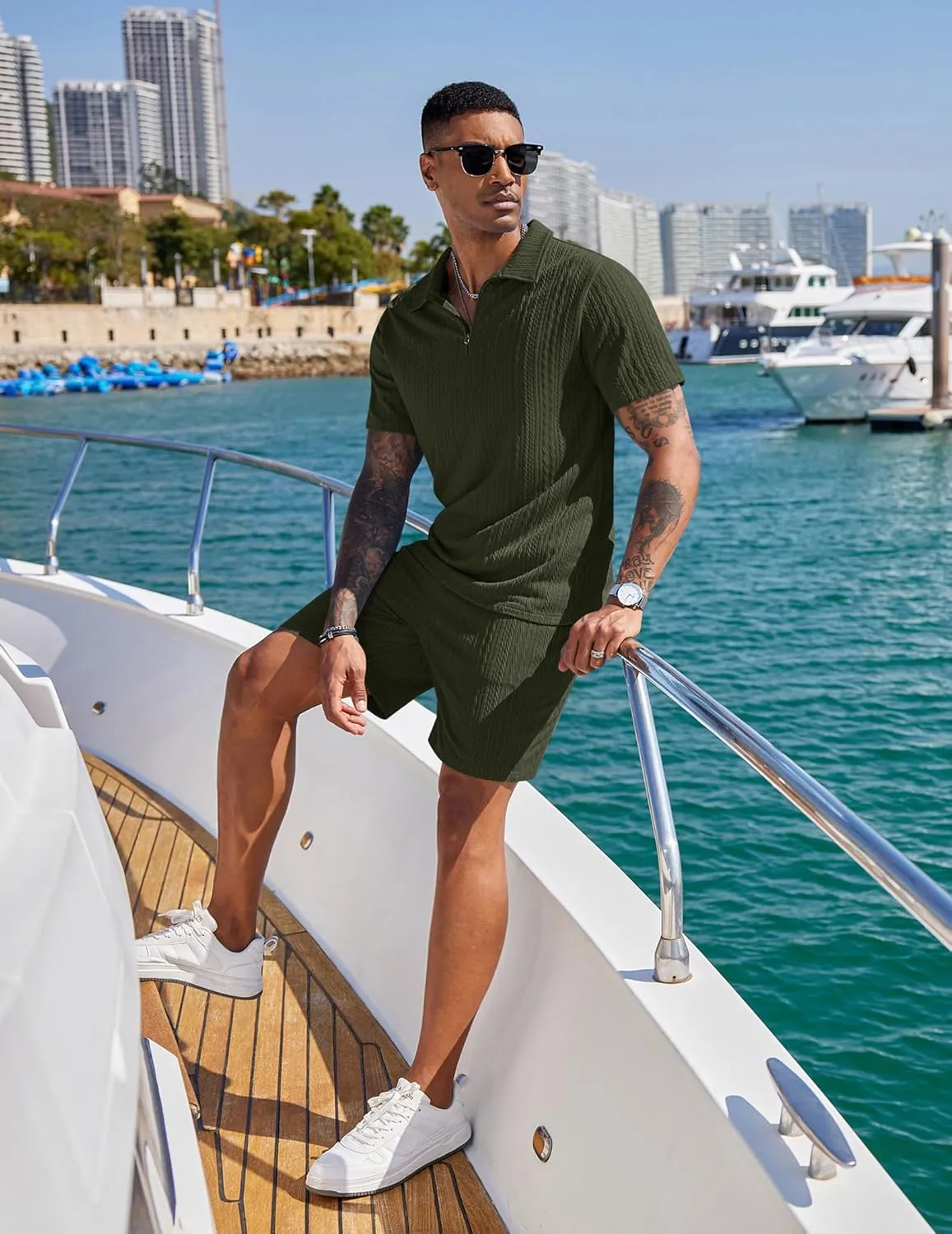 COOFANDY Men's 2 Pieces Outfits Casual Quarter Zip Polo Shirt and Shorts Set Athletic Jogging Summer Tracksuit