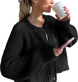 Crochet Cardigan Sweaters for Women Tops Chunky Knitted Crew Neck Long Sleeve Button Down Jackets Open Front Coat