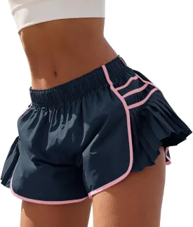 Fisoew Womens Workout Gym Shorts Running Pleated Contrast Stitch Elastic Waist Athletic Quick Dry Shorts