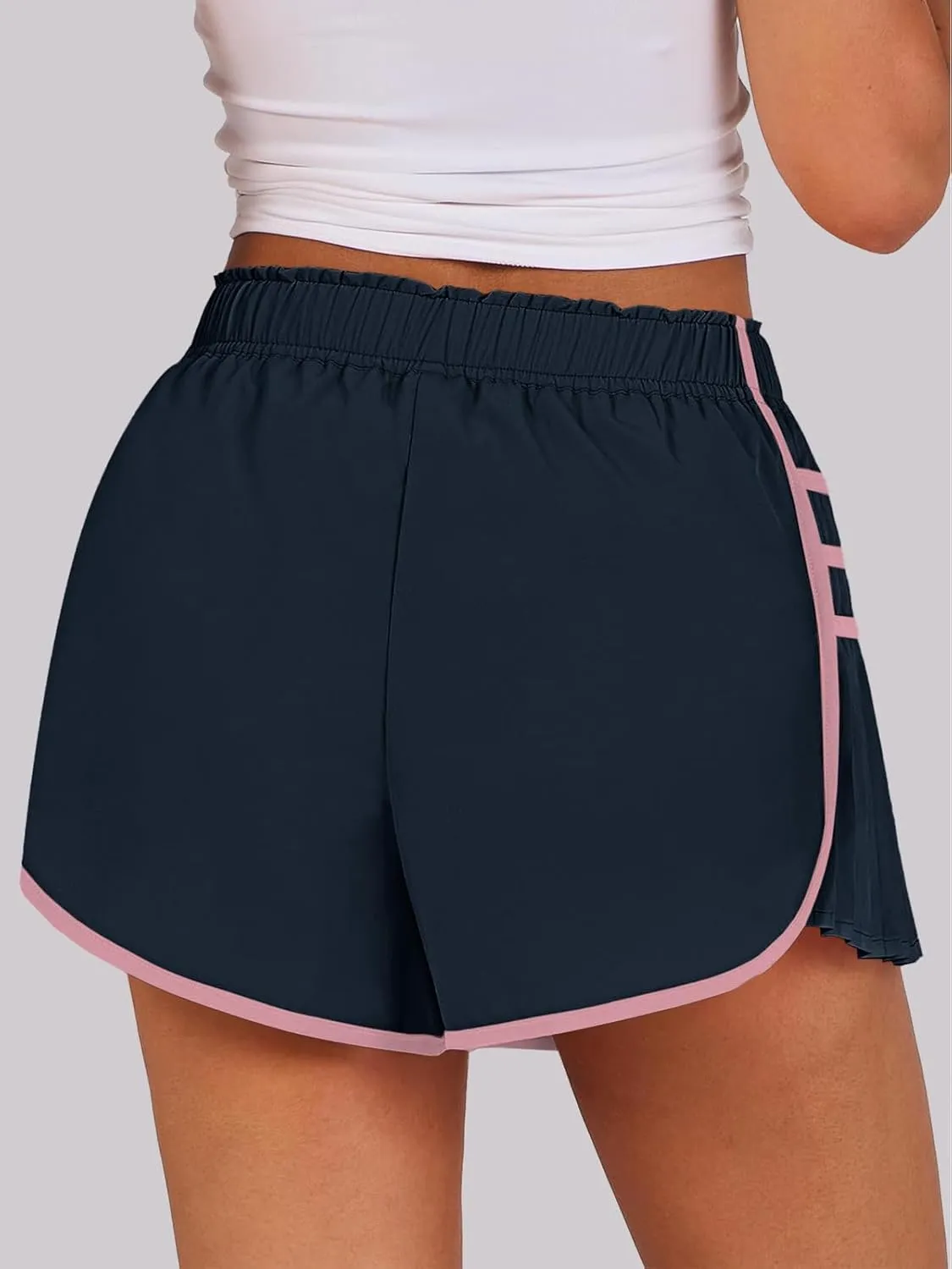 Fisoew Womens Workout Gym Shorts Running Pleated Contrast Stitch Elastic Waist Athletic Quick Dry Shorts