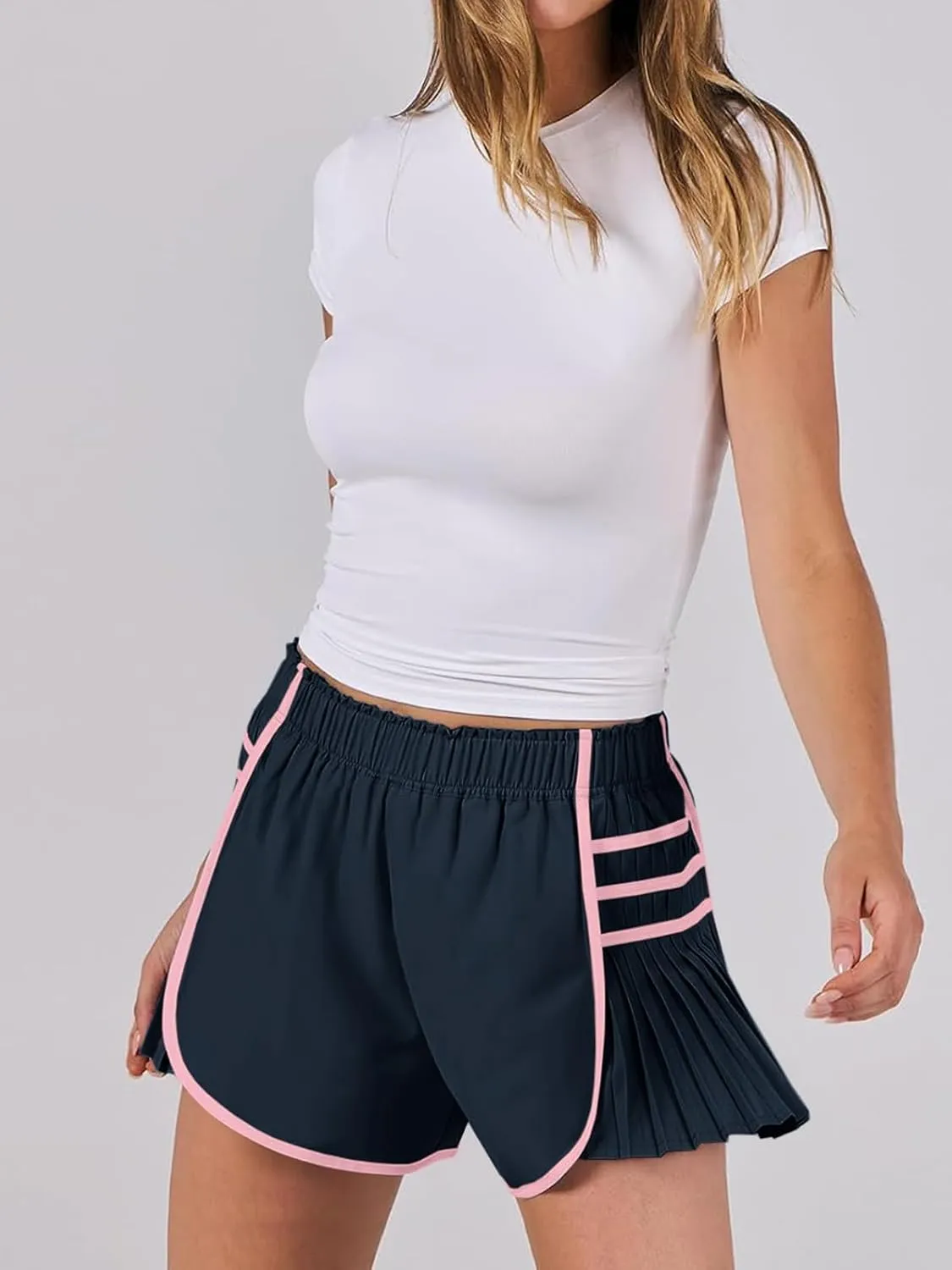 Fisoew Womens Workout Gym Shorts Running Pleated Contrast Stitch Elastic Waist Athletic Quick Dry Shorts