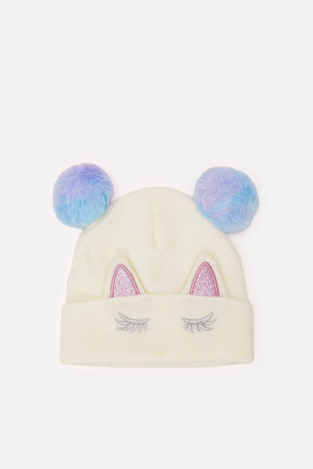 Girls White Knitted Embellished Cap