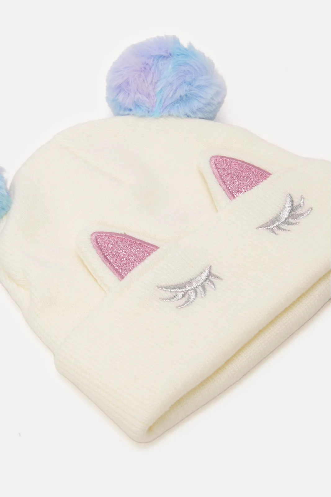 Girls White Knitted Embellished Cap