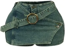 HBQ Women's Vintage Denim Skirt Ring Buckle Jean Skort Low Waist Y2k Mini Skirts 2025 Fashion