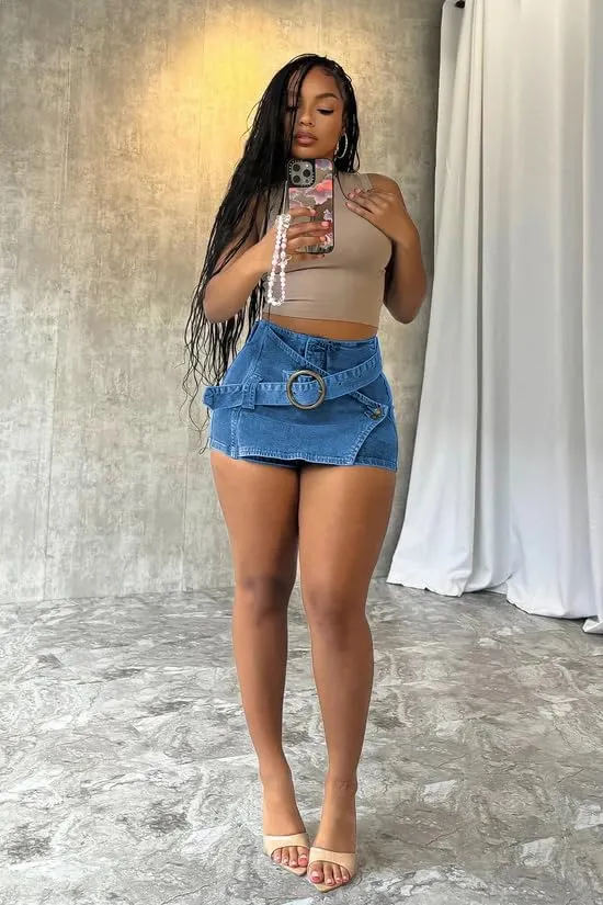 HBQ Women's Vintage Denim Skirt Ring Buckle Jean Skort Low Waist Y2k Mini Skirts 2025 Fashion