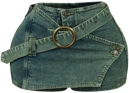 HBQ Women's Vintage Denim Skirt Ring Buckle Jean Skort Low Waist Y2k Mini Skirts 2025 Fashion