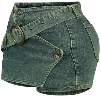 HBQ Women's Vintage Denim Skirt Ring Buckle Jean Skort Low Waist Y2k Mini Skirts 2025 Fashion