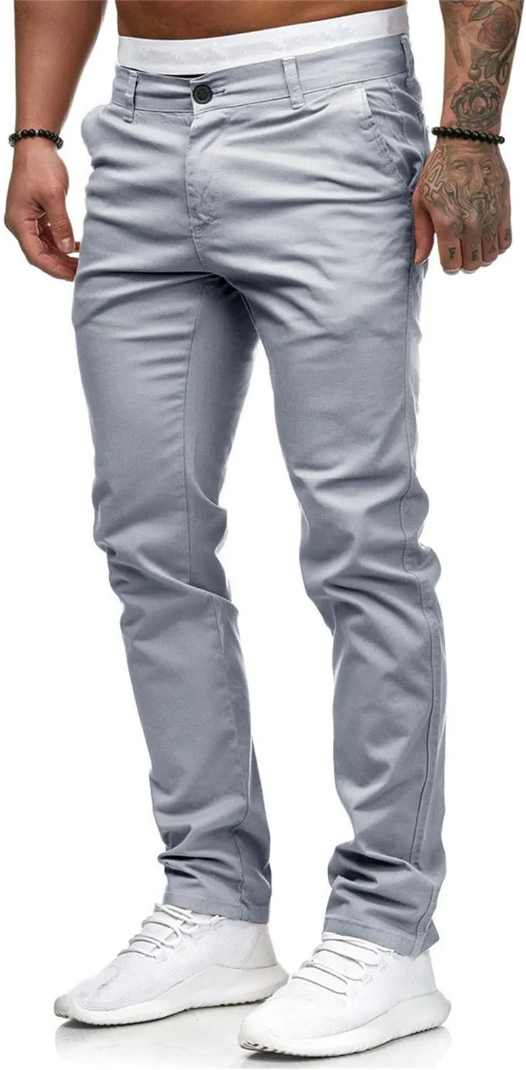 HUNGSON Mens Chinos Dress Pants Slim Straight Fit Flat-Front Golf Pants Casual Travel Slacks