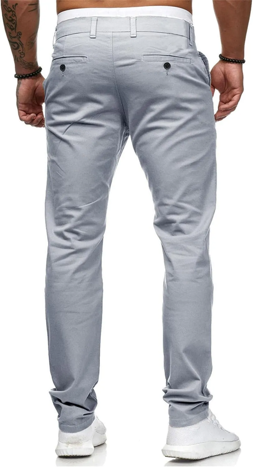 HUNGSON Mens Chinos Dress Pants Slim Straight Fit Flat-Front Golf Pants Casual Travel Slacks
