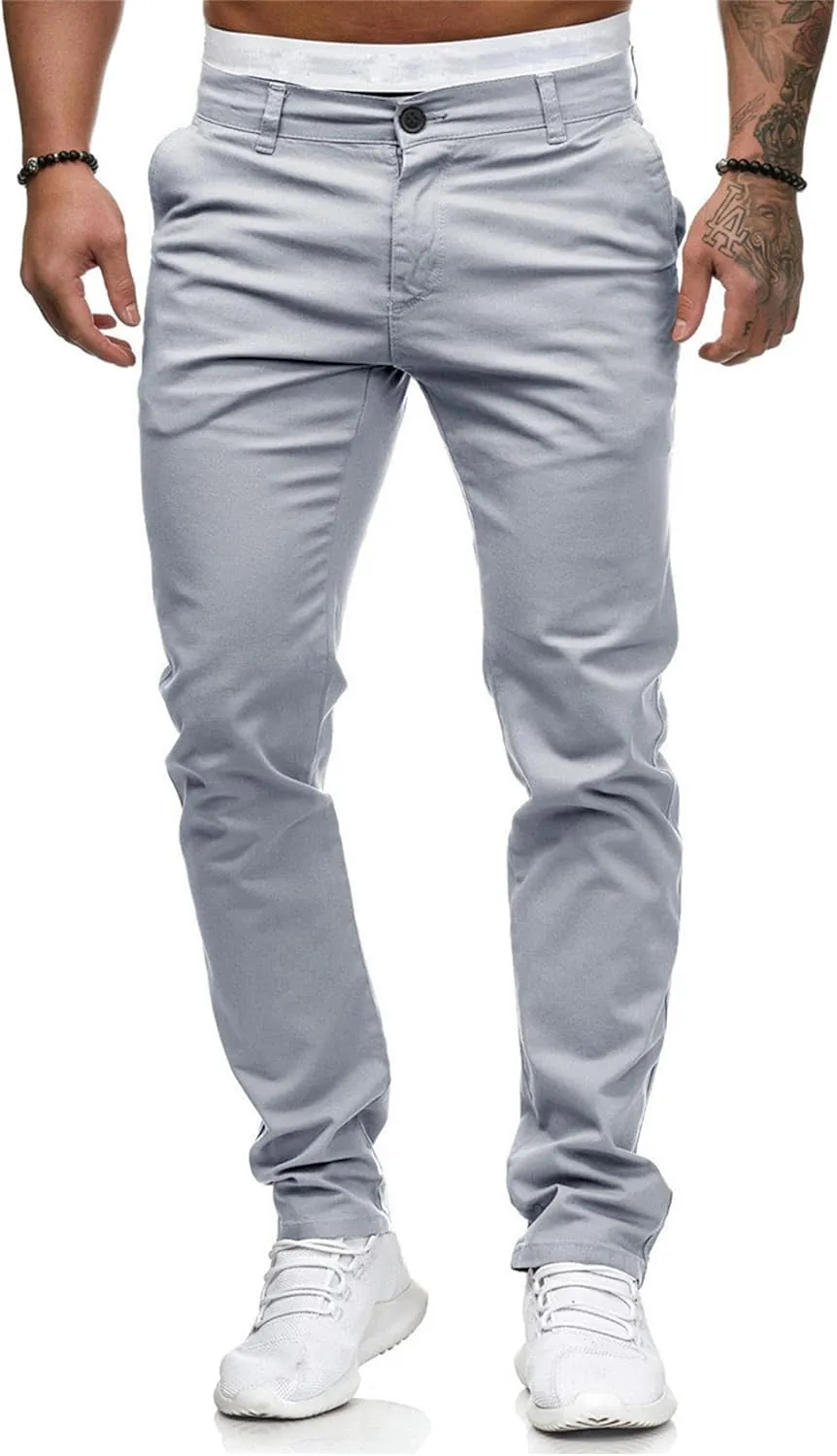 HUNGSON Mens Chinos Dress Pants Slim Straight Fit Flat-Front Golf Pants Casual Travel Slacks