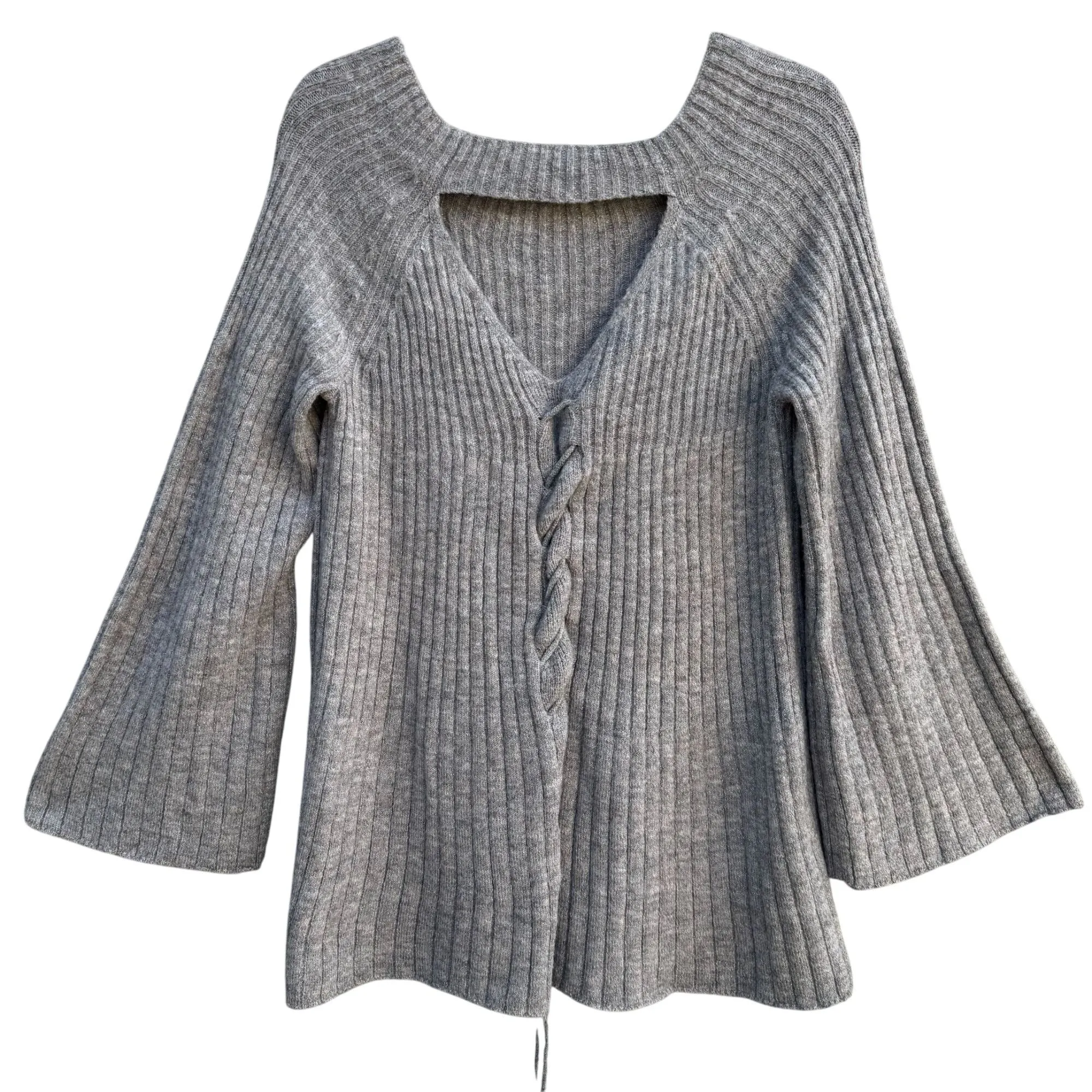 Lauren Conrad Womens Ribbed Knit V-Neck Cable Tie Detail Bell Sleeve Sweater L