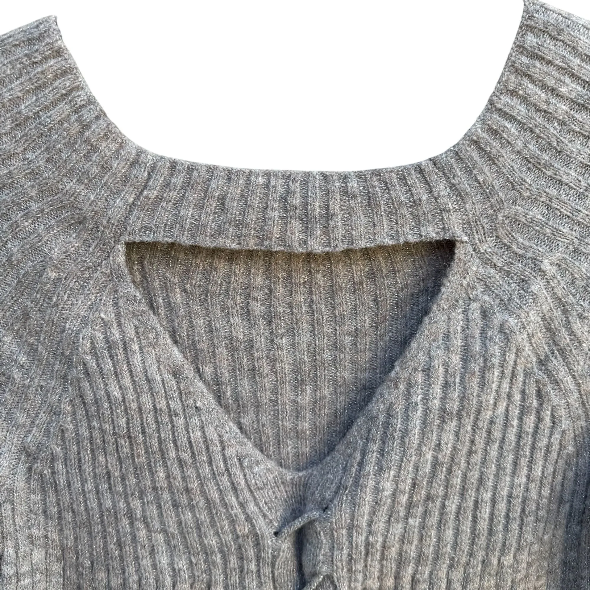Lauren Conrad Womens Ribbed Knit V-Neck Cable Tie Detail Bell Sleeve Sweater L