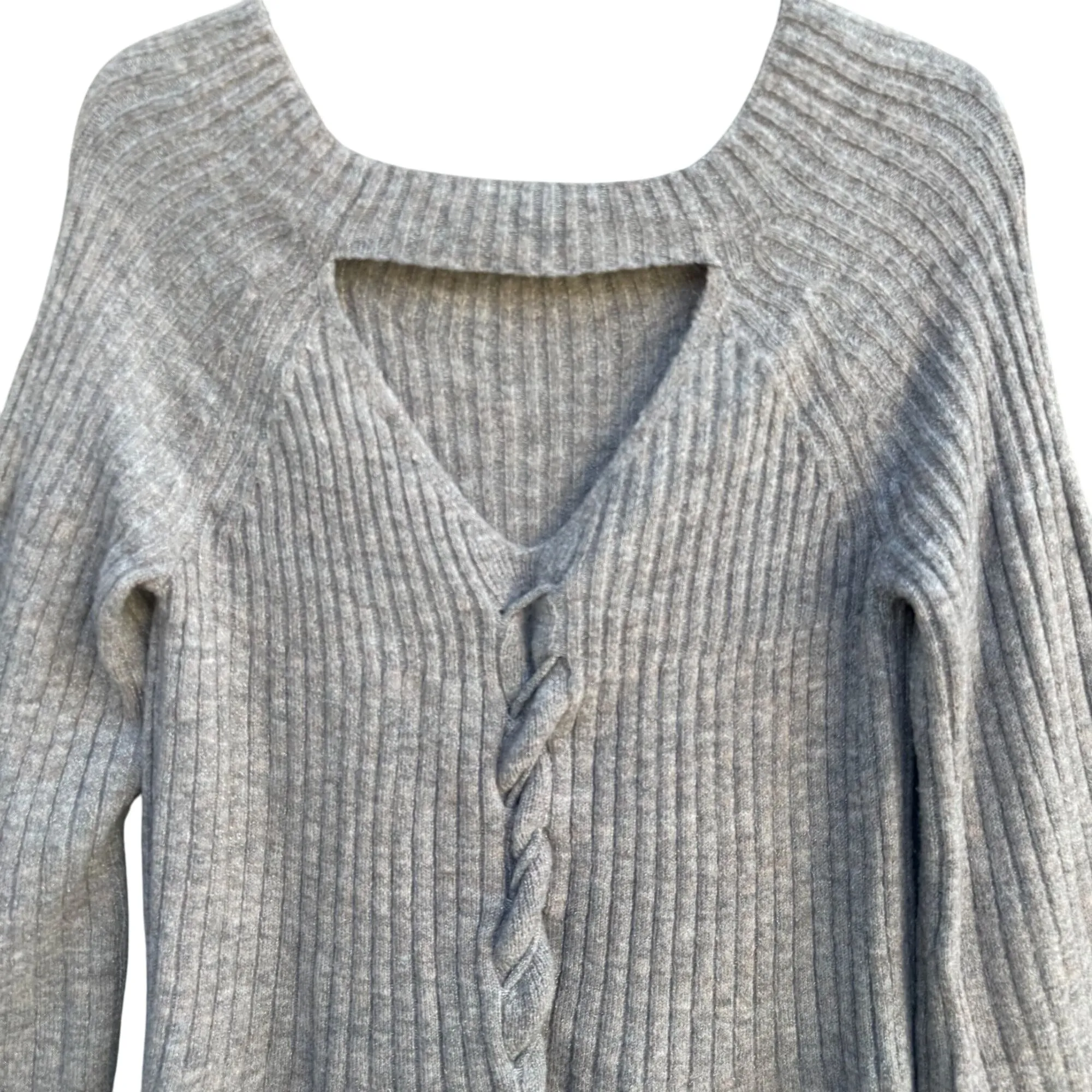 Lauren Conrad Womens Ribbed Knit V-Neck Cable Tie Detail Bell Sleeve Sweater L