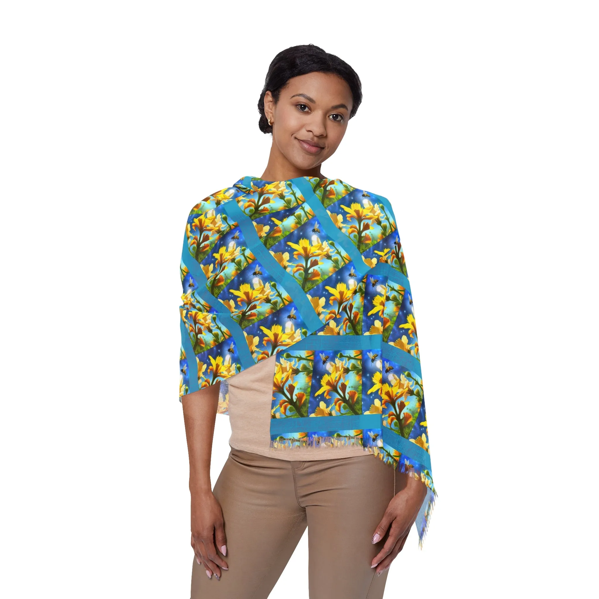 Lightweight Long Scarf "Yellow Bees and Flowers"