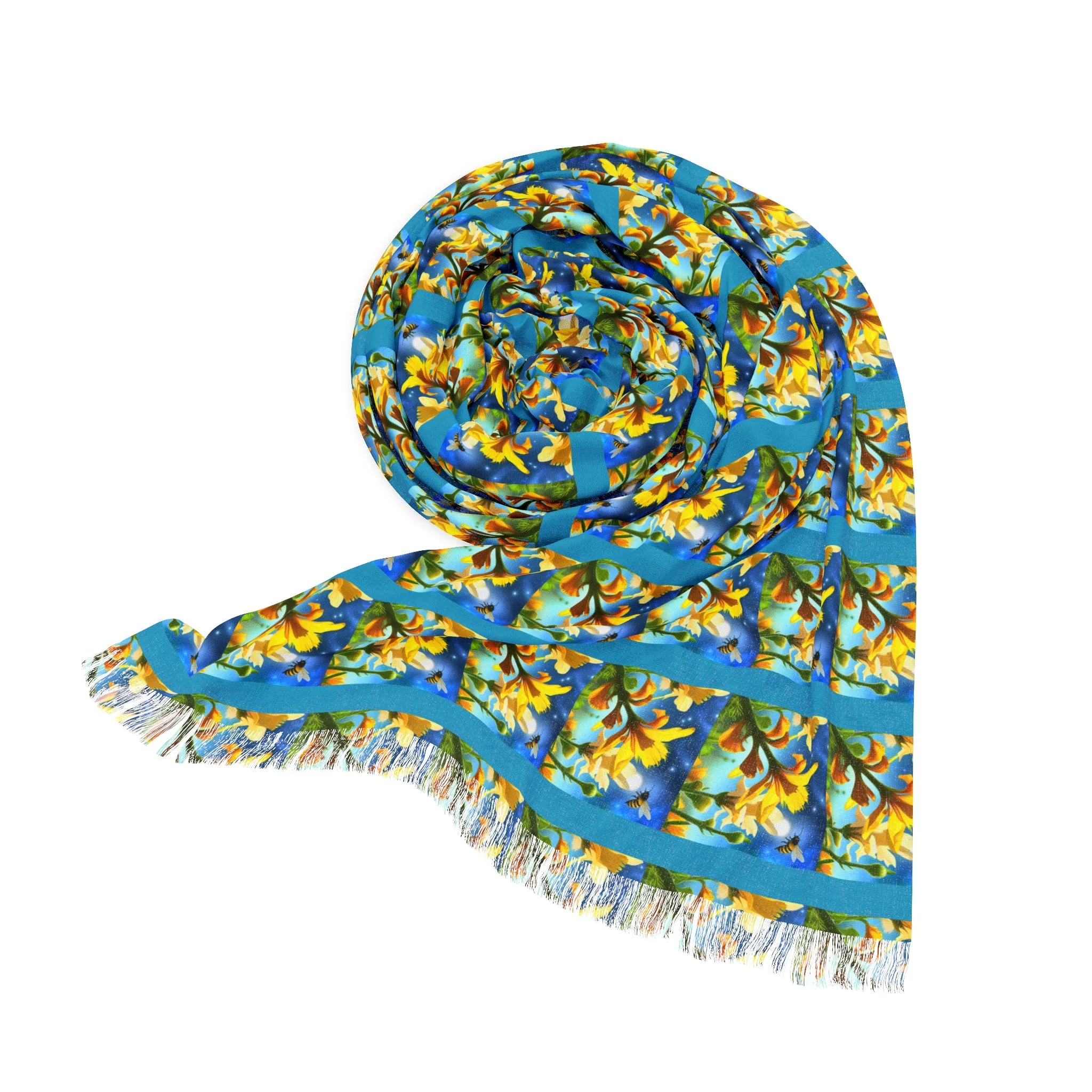 Lightweight Long Scarf "Yellow Bees and Flowers"
