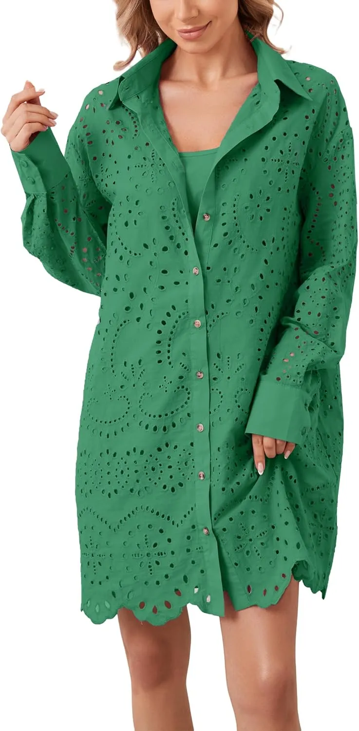 Livtany Womens Button Down Shirt Dress Solid Eyelet Embroidery Cover Up Dress Casual Oversized Long Sleeve Blouse Tops